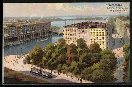 Künstler-AK Robert Kämmerer: Hamburg, Kleine-, Binnen- und Aussen-Alster aus der Vogelschau