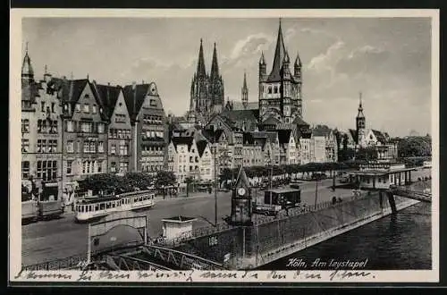AK Köln, am Leystapel mit Blick nach dem Dom und Strassenbahn