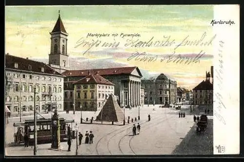 AK Karlsruhe, Blick auf Marktplatz mit Pyramide u. Strassenbahn