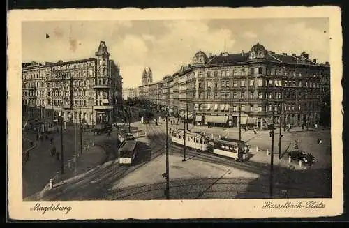 AK Magdeburg, Strassenbahn am Hasselbachplatz