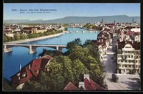 AK Basel, Strassenbahn beiden drei Rheinbrücken
