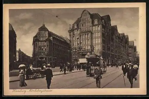 AK Hamburg, Mönkebergstrasse mit Strassenbahn