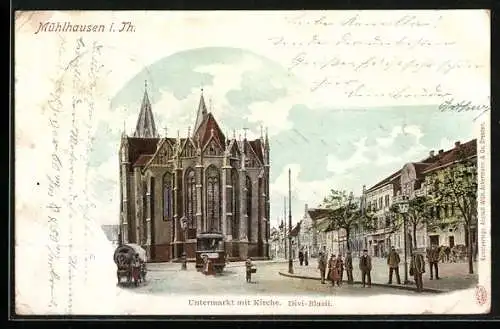 AK Mühlhausen /Thür., Untermarkt mit Kirche und Fussgängern