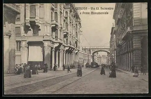 AK Genova, Via XX Settembre mit Strassenbahn