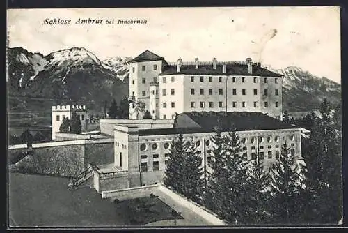 AK Innsbruck, Schloss Ambras aus der Vogelschau