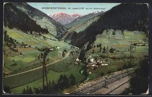 AK St. Jodok, Ortsansicht mit Brennerstrasse und Kehrtunnel