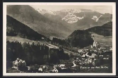 AK Prein an der Rax, Totalansicht mit Bergen aus der Vogelschau