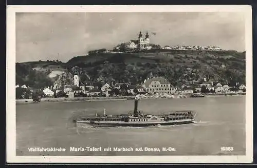 AK Marbach a. d. Donau, Ortspanorama mit Maria-Taferl u. Donaudampfer