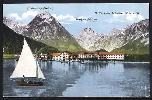 AK Pertisau, Wasserpartie mit Segelboot u. Bergen Tristenkopf, Sonnjoch