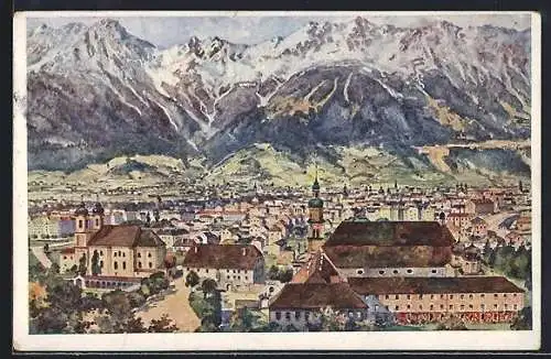 Künstler-AK Innsbruck, Totalansicht vom Berg Isel