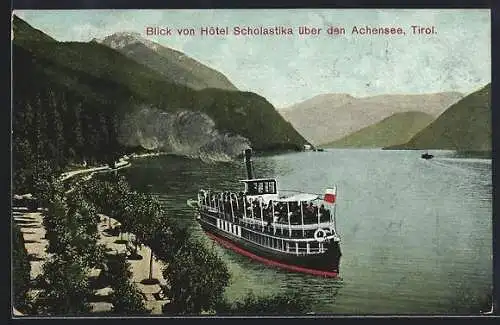 AK Achenkirch, Blick von Hotel Scholastika über den Achensee, Dampfer