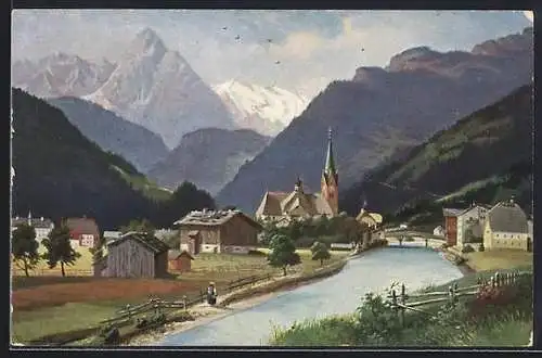 AK Zell am Ziller, Flusspartie mit Kirche