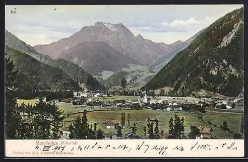 AK Mayrhofen, Panoramablick auf Ort und Bergen