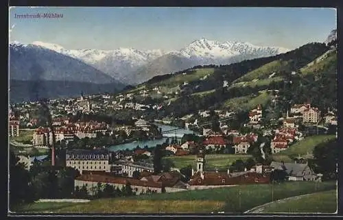 AK Innsbruck-Mühlau, Ortsansicht mit verschneiten Gipfeln