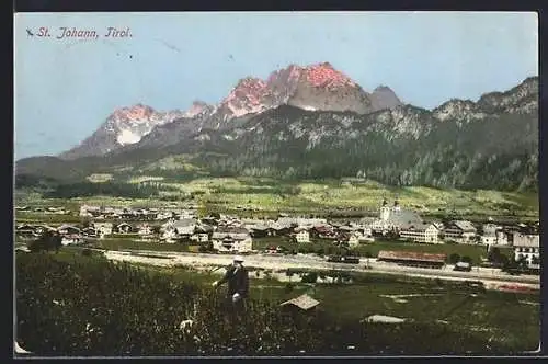 AK St. Johann /Tirol, Ortsansicht mit Bergpanorama