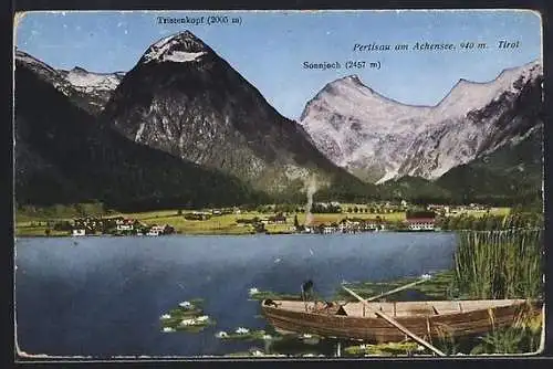 AK Pertisau am Achensee, Seeblick mit Ruderboot und Seerosen
