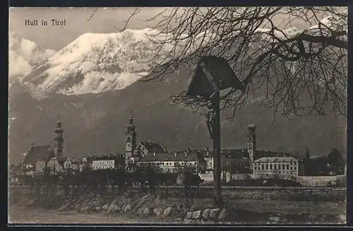 AK Hall in Tirol, Ortsansicht mit Flurkreuz