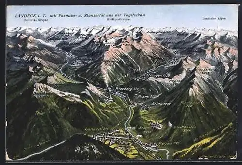 AK Landeck i. Tirol, Ort mit Paznaun u. Stanzertal aus der Vogelschau