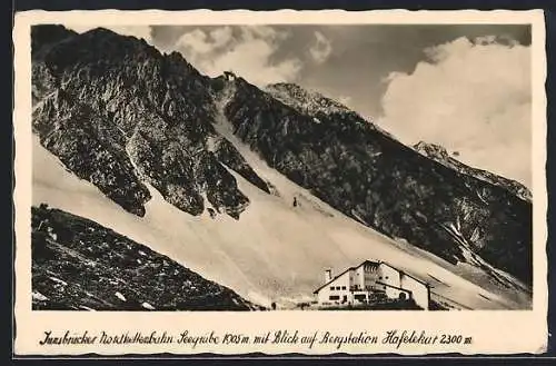 AK Innsbruck, Bergstation Hafelekat mit Blick auf die Notdkettenbahn