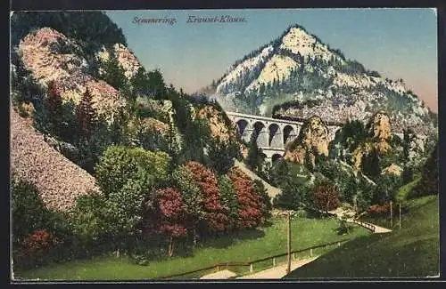AK Semmering, Krausel-Klause mit Eisenbahnviadukt