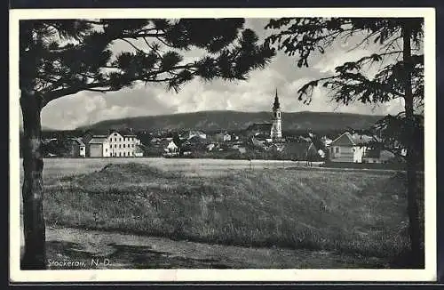 AK Stockerau /N. D., Ortsansicht mit Kirche und Bergen