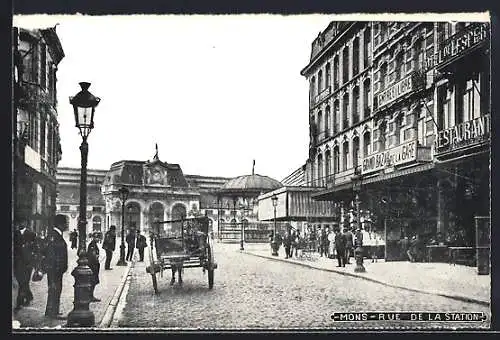 AK Mons, Rue de la Station, Strassenpartie