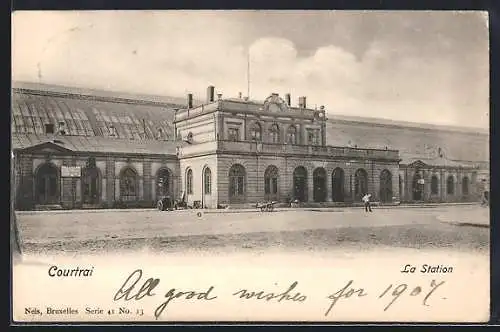 AK Courtrai, La Station, Partie am Bahnhof, um 1900