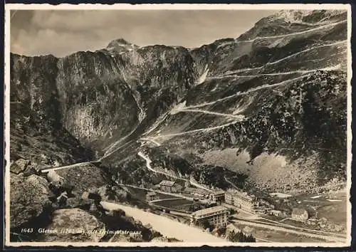AK Gletsch, Ortsansicht mit Grimselstrasse