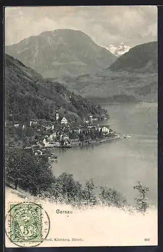 AK Gersau, Ortsansicht mit Kirche und Vierwaldstättersee, Bergpanorama