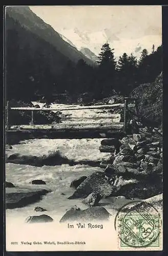 AK Pontresina, Val Roseg, Panorama mit Brücke