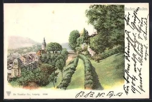 AK Baden-Baden, Stadtansicht mit Parkanlage und Kirche