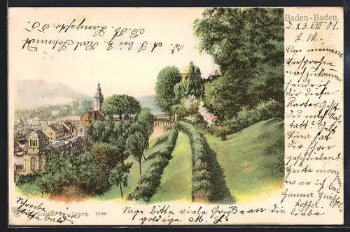 Lithographie Baden-Baden, Blick auf Stadt und Kirche