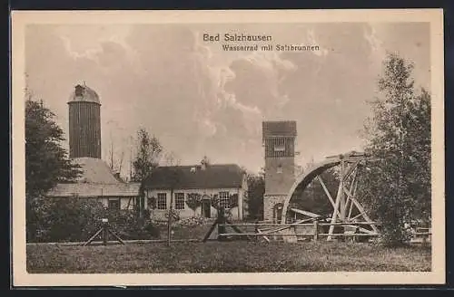 AK Bad Salzhausen, Wasserrad mit Salzbrunnen