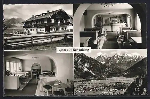 AK Ruhpolding /Obb., Café Pension Kecht, Gastraum, Ortsansicht, Berge