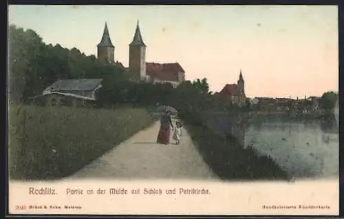 AK Rochlitz, Partie an der Mulde mit Schloss und Petrikirche