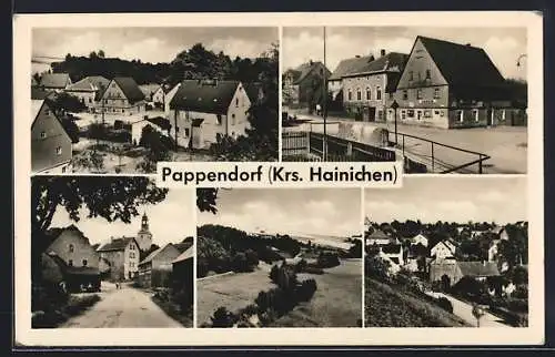 AK Pappendorf /Hainichen, Ortsansichten, Kirche und Geschäft