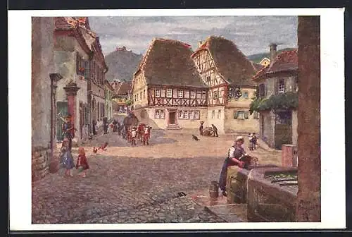 Künstler-AK Hambach / Hardt, Dorfplatz mit Brunnen