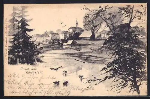 Künstler-AK Königsfeld / Schwarzwald, Ortsansicht mit Kirche