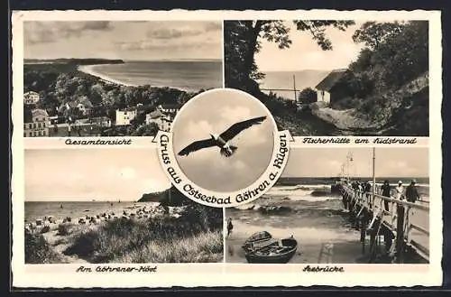 AK Göhren a. Rügen, Gesamtansicht, Fischerhütte am Südstrand, Seebrücke, 