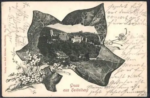 AK Heidelberg / Neckar, Schlossansicht im Efeublatt-Passepartout