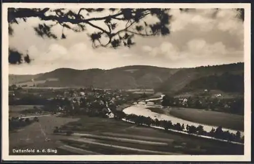 AK Dattenfeld a. d. Sieg, Panorama mit Flusslauf und Ortsansicht