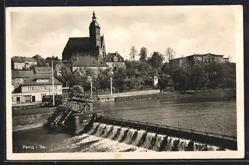 AK Penig i. Sa., Kirche, Fluss und Wehr