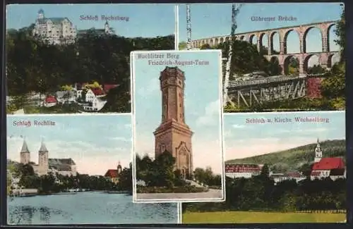 AK Rochlitz, Friedrich-August-Turm, Schloss Rochlitz, Schloss Rochsburg, Göhrener Brücke