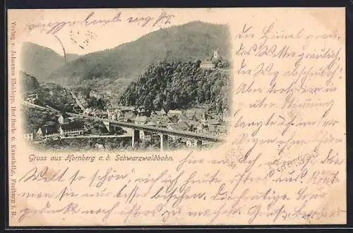 AK Hornberg a. d. Schwarzwaldbahn, Stadtansicht mit Eisenbahnbrücke