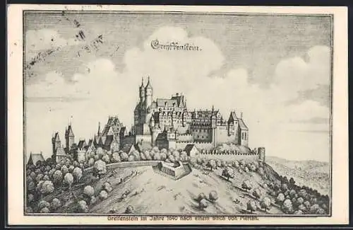 Künstler-AK Greifenstein, Burg Greifenstein im Jahr 1690 nach Merian-Stich
