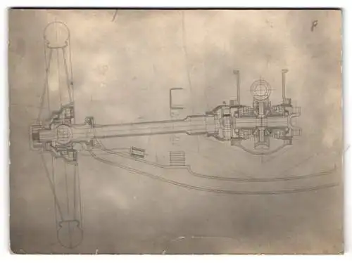Fotografie unbekannter Fotograf und Ort, Auto Achse mit Antrieb u. Getriebe, detailreiche technische Zeichnung