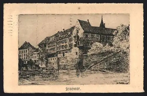 Künstler-AK Basel, Federzeichnung vom Seidenhof aus dem alten Basel