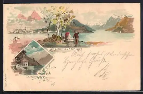 Lithographie Brunnen, Partie am Urner-See, Tellskapelle