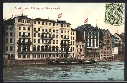 AK Basel, Hotel 3 König mit Rheindampfer