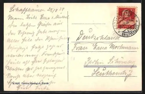 AK Schaffhausen, Ortsansicht mit Flusspartie aus der Vogelschau